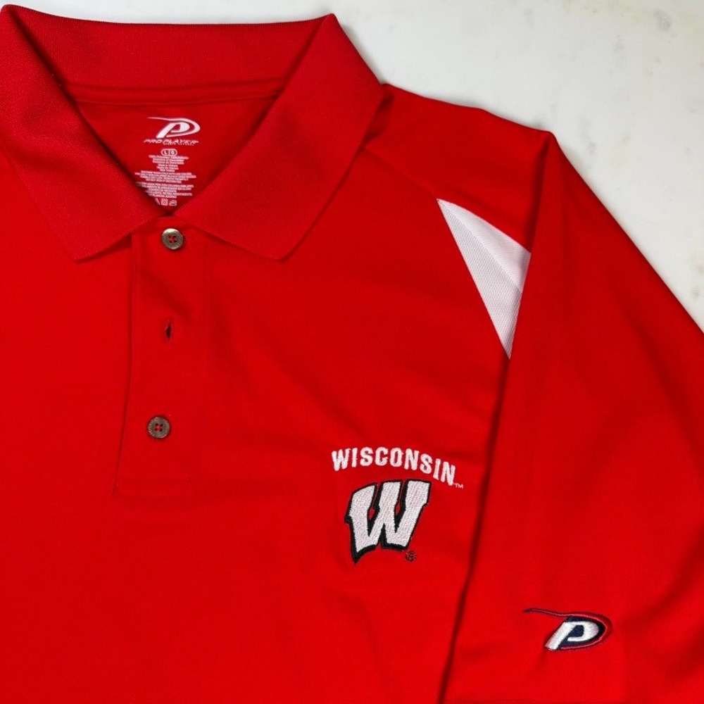 Pro Player Wisconsin Badgers Mens Large‎ Red White Short Sleeve Golf Polo Shirt